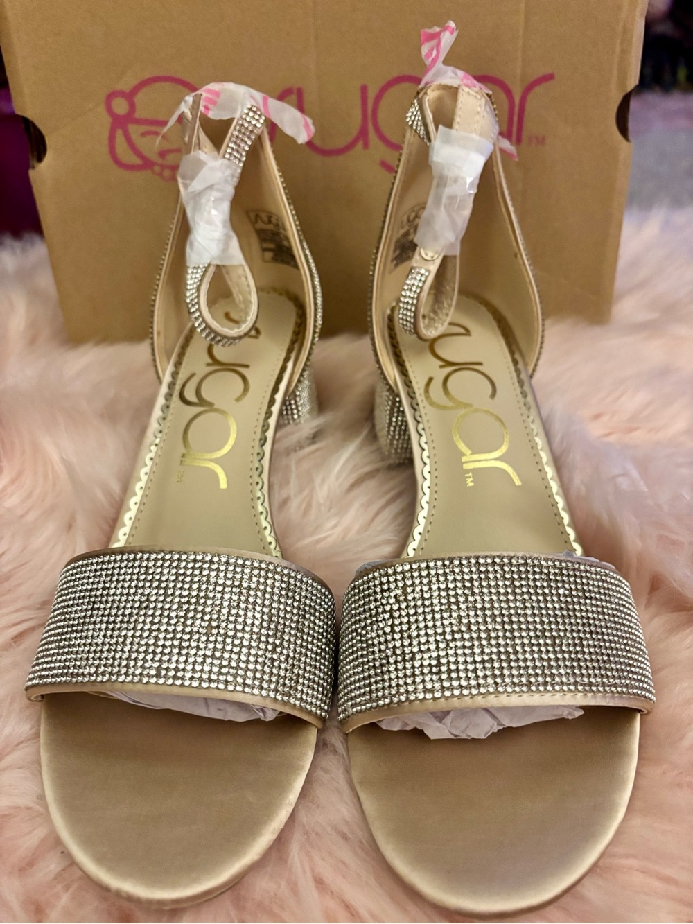 Sugar Champagne Rhinestone Block-Heel Sandals